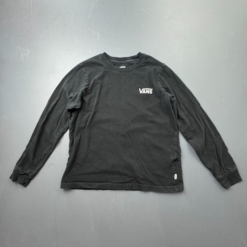 Vans T Shirt Boys Small 7-8 Black Long Sleeve Leopard Print Logo Skateboarding
